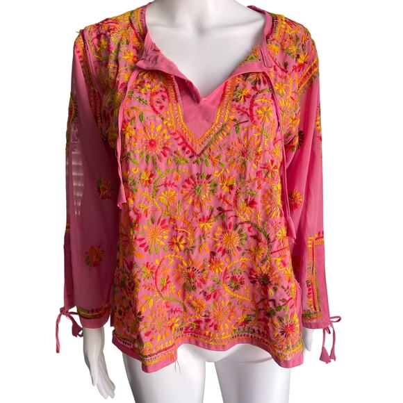 Embroidered Top Bohemian Tunic Flowers Vneck Hippy Sheer Pink Size Small - Picture 1 of 5